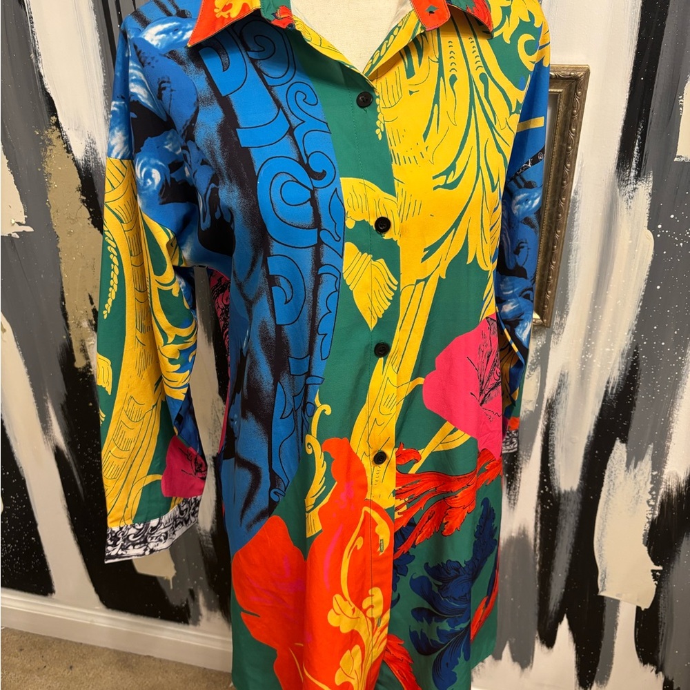 Vibrant Tropical Print Button-Up Shirt Dress